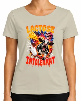 Zdjęcie produktu dla T-shirt damski, "Nietolerancja laktozy", napis: "Mleko, ser, śmiech", rozmiar XXL