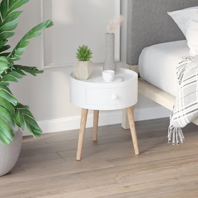 Produktbild von Sweiko Beistelltisch Sofatisch Couchtisch mit Schublade Wohnzimmer Holz Weiß Ф38 x H45cm