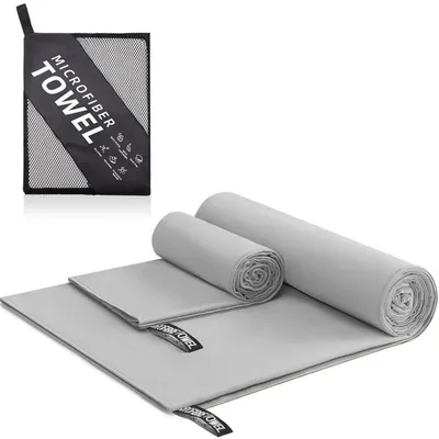 Immagine prodotto di Set di asciugamani in microfibra, 3 pezzi (152x76 cm + 80x40 cm + 40x40 cm), colore grigio chiaro, ad asciugatura rapida, leggeri