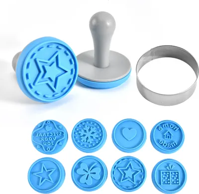 Produktbild von Silikon-Keksstempel – 8 Keksstempel-Formen-Set und 8 Keksringe, Kuchen-Dessert-Handpresse zum Selbermachen und dicker Keks-Rundausstecher