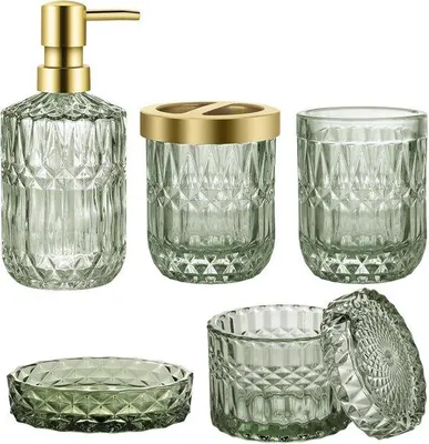 Produktbild von Badezimmer-Accessoire-Set aus Glas, 5-teilig, grün