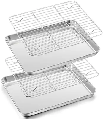 Produktbild von PolkaHome® Backblech mit Kühlrost-Set, Edelstahl, 2 Backbleche + 2 Kühlroste, 26,5 x 20,5 cm, Silber