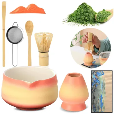 Produktbild von Matcha-Set - Zeremonie-Teeset - 7-teilig - Porzellan - Matchabesen, Dosierlöffel, Schale, Sieb, Halter und Tuch