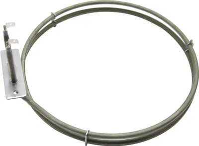 A circular metal heating element with two connection terminals.