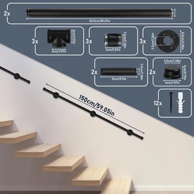 Zdjęcie produktu dla Poręcz Hebitod, balustrada 150 cm, uchwyt ścienny, balustrada schodowa ze słupkami, parapet, uchwyt ścienny, balustrady i poręcze