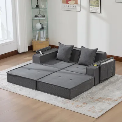 Immagine prodotto di LVHOM Divano modulare Divano a terra in velluto a coste con portabevande, divano pieghevole estraibile Divano per bambini Poltrona letto per il pisolino, divano a 2 posti, grigio scuro