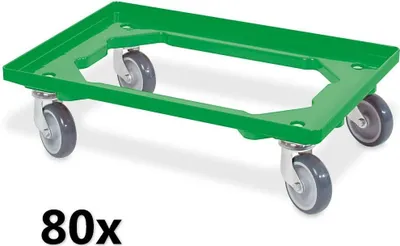Produktbild von 80x Transportroller für 600 x 400 mm Eurobehälter, grün, 4 Lenkrollen, graue Gummiräder