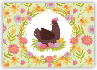 Produktbild von Lustige Blumen Osterkarte mit zufriedener Henne auf Ostereiern - zum Osterfest für Famiile & Freunde