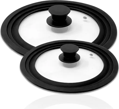 Produktbild von 2er Set Silikon Topf- und Pfannendeckel Schwarz Universalgröße 20cm 22cm 24cm und 26cm 28cm 30cm Glasdeckel Kochdeckel mit Silikongriff