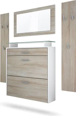 Produktbild von Vladon Garderobe Malea, Garderobenset bestehend aus 1 Hängeschuhschrank, 1 Wandspiegel und 2 Garderobenpaneele, Weiß matt/Eiche Sägegrau