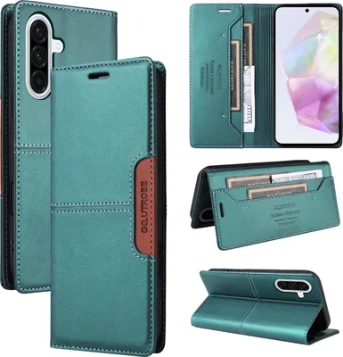 A collage of images showing a teal leather flip wallet phone case from different angles, including open and closed views, and with cards inserted.