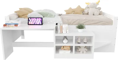 Produktbild von okwish Kinderbett 90x200 Jugendbett mit Staufächern,Holzbett mit Schreibtisch,Bettgestell mit Steckdosen nach europäischer Norm,ohne Matratze,Weiß