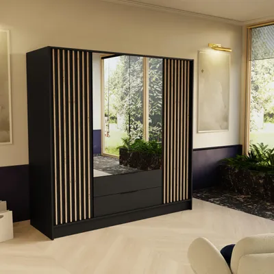 Produktbild von Masseno Drehtürenschrank PELOR 200/200/51 cm Modern Kleiderschrank 4-türig mit Spiegel Schwarz