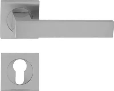 Produktbild von DOMINO Türgriff Drückergarnitur PZ - Profilzylinder Set | mit quadratischen PZ Rosetten| Türklinke für Zimmertür, Bürotür, Kellertür & Innentür| Türbeschläge aus Aluminium|  Satin Chrom Light Türdrückergarnitur|  QUBIK-QR M45