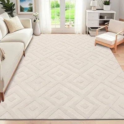 Obrázek produktu pro Koberec Unyqoos® Kurzflor s designem v skandinávském stylu, s geometrickým 3D efektem, vyrobený z polyesteru, omyvatelný, s protiskluzovou TPR vrstvou – vhodný do obývacího pokoje/ložnice