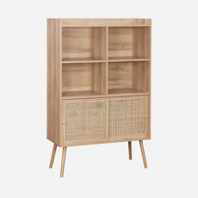 Produktbild von sweeek - Regal mit 5 Regalböden, Schiebetüren, Holzeffekt und Rattan-Geflecht - Natur