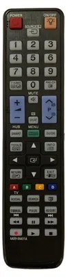 A close-up, top-down view of a black TV remote control.