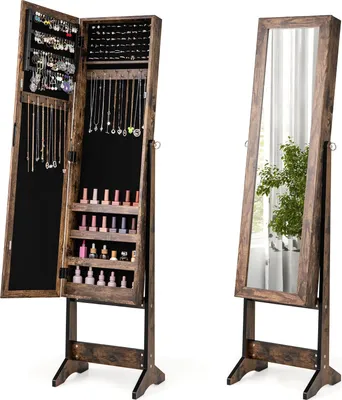 Produktbild von GOPLUS Schmuckschrank mit Ganzkörperspiegel & Tür, Schmuckregal mit Stauram, Spiegelschrank mit Magenetschloss, verstellbarer Spiegelwinkel (Braun)