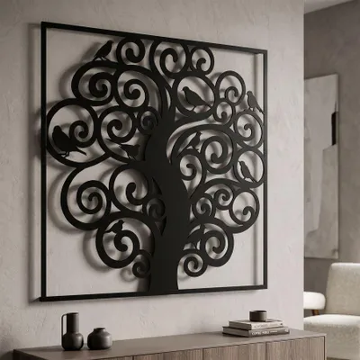 Immagine prodotto di Pannello decorativo a parete raffigurante un albero con uccelli, in ferro, dimensioni 70x70 cm, colore nero, design di Mauro Ferretti