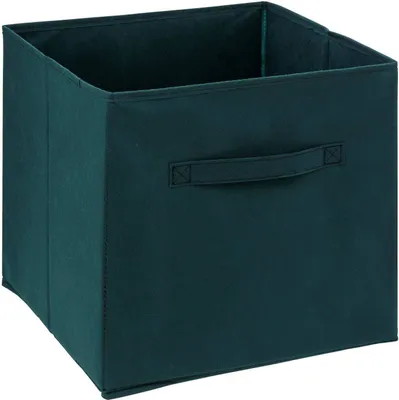 A dark teal fabric storage box with handles is shown from a three-quarter front angle against a white background.