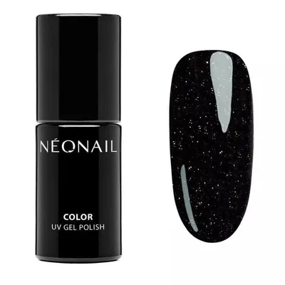 A bottle of black UV gel nail polish with glitter and a swatch of the polish on a nail.