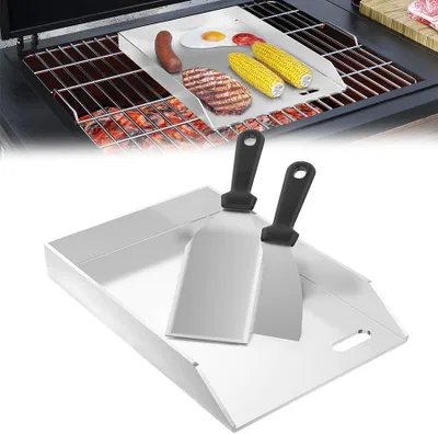 Productafbeelding van QEENTOE Roestvrijstalen grillplaat, 20x30x4 cm, universele plancha met vetopvangbak, grillplaat voor gas- en houtskoolgrills, BBQ-accessoire