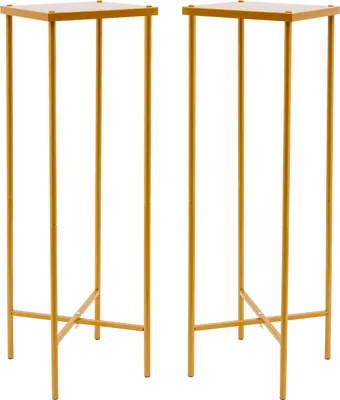 Two gold metal plant stands are shown against a white background.