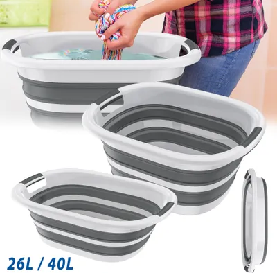 A collage of collapsible laundry baskets in different sizes, with one basket being used to wash clothes.