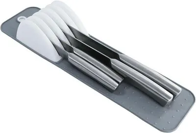 Produktbild von Messenschiene mit 5 Löchern für in die Schublade – Ultradun Messenschiene in Schubladenform mit Anti-Slip-Matte, kompakte Aufbewahrung für Küchenmesser (grau)