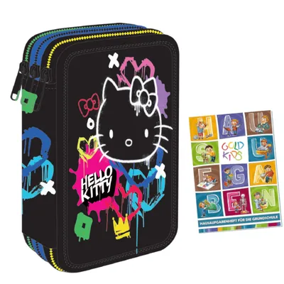 Produktbild von Federmäppchen 3 Fächer - Mäppchen für Mädchen - Federmappe 3-Fach Federtasche Gefüllte Schüleretui Schulmäppchen und Hausaufgabenheft - Hello Kitty