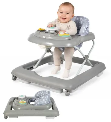 Image de Bebies First : Marcheur d'apprentissage gris – Marcheur pour bébé pliable avec plateau de jeu amovible, intégrant musique et lumière, réglable en hauteur sur 3 positions, pour les enfants de 6 à 18 mois