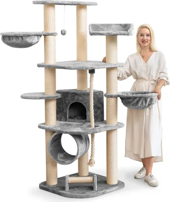 Produktbild von HAPPYPET Kratzbaum für Katzen groß 181 cm hoch - Stabiler Kletterbaum Katzenbaum, dicke Stämme mit 11 cm, Grau
