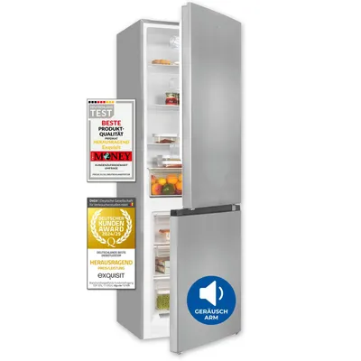 A silver refrigerator with the doors open, displaying its interior and several awards on the side.