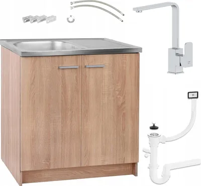 Image de Armoire de Cuisine Chêne Sonoma 80 x 50 Evier Robinet Cersanit Fixations Chromées
