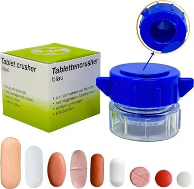 Produktbild von LisaCare Tablettenmörser - Tabletten zerkleinern - Pillendose im Deckel - Medikamenten-Mörser Blau - Tablettencrusher