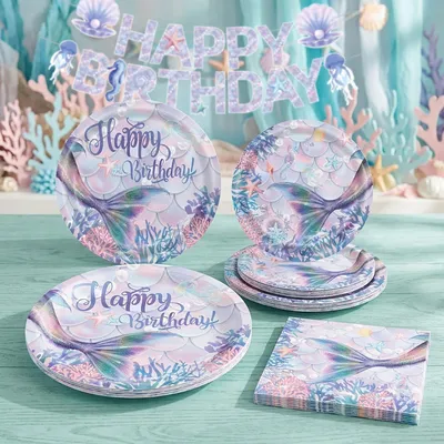 Meerjungfrau Party Deko Set – 8+8 Teller, 20 Servietten, Banner