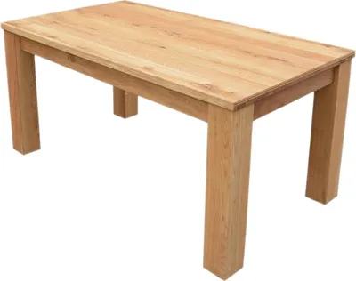 A wooden dining table on a white background.