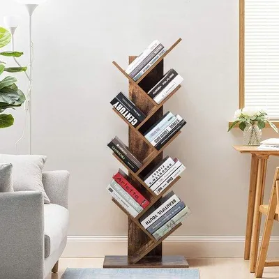 Image de Bibliothèque indépendante, étagère à 8 niveaux, pour le salon, le bureau ou la chambre d'enfant, présentoir pour CD et DVD, étagère rustique en bois