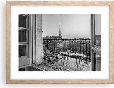 Produktbild von Gerahmtes Poster - Rahmen in heller Eiche - Schwarzweiß Paris Balkon - 40x30 cm - Wand Bild - Wanddeko - Wandbilder - Kunstposter - Wandposter - Bilderrahmen - Bilder - Kunstdruck - P2NAA40x30-4595