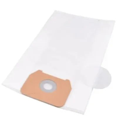 A white vacuum cleaner bag with a brown cardboard attachment and a small circular filter.
