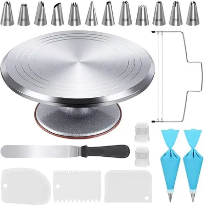 Produktbild von Kuchendekorationsset mit 30.5 cm drehbarem Drehteller aus Aluminiumlegierung, Tortennivellierer, Zuckerguss-Spatel, 2 Verbindungsstücke, 3 Glasurglätter