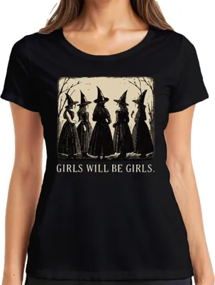Zdjęcie produktu dla Dziewczyny będą dziewczynami Czarownice Vintage Halloween Gothic Retro Dziewczęca koszulka damska, czarny, 3XL