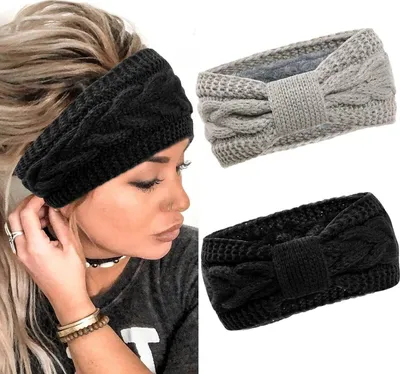 Produktbild von 2x Ohrenwärmer Schwarz + Grau, Haarband Fleece Damen, Grobstrick Zopfmuster, A0222