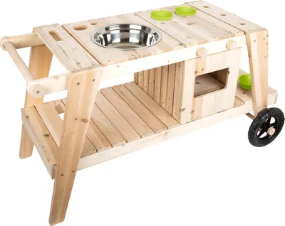 Image de Small Foot 11665 : cuisine d'extérieur en bois massif et résistant aux intempéries, conçue pour les enfants à partir de 3 ans, avec accessoires et roues