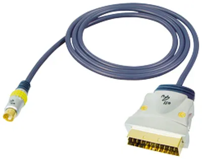 Produktbild von Transmedia Scart- / Cinch- + S-VHS-Kabel; Scartstecker - 4 pol. Hosidenstecker Signalrichtung: Hosiden > Scart 1,5 m, BBVS 10-1,5