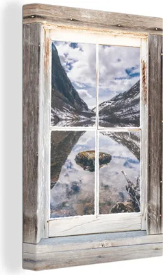 Produktbild von OneMillionCanvasses® - Leinwandbilder - 90x140 cm, Aussicht - Berg - Wasser, - Geöffnetes Fenster - Fensterblick Schlafzimmer Kunstdruck Wanddekoration - Foto auf Leinwand - Gemälde auf Holzrahmen  - Wandschmucke - Schlafzimmer