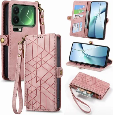 Produktbild von Für Xiaomi 17 Pro Geometric Kunstleder Zipper Book Wallet Hülle Tasche Rosa