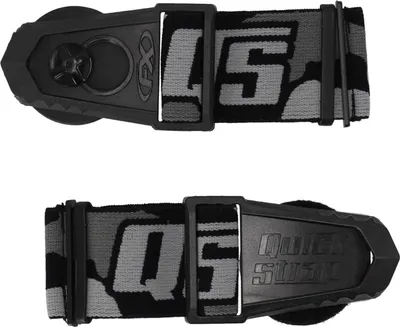 Two views of a goggle strap system.