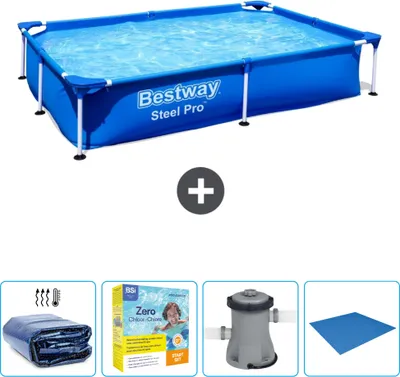Produktbild von Bestway rechteckiger Steel Pro-Schwimmbecken – 221 x 150 x 43 cm – Blau – im Lieferumfang enthalten Sonnensegel - Wartungspaket - Pumpe - Bodenplane