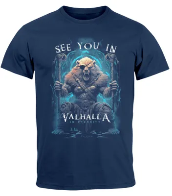 Produktbild von Herren T-Shirt Frontprint See you in Valhalla Wikinger Krieger Nordmänner Mythologie Neverless® navy L